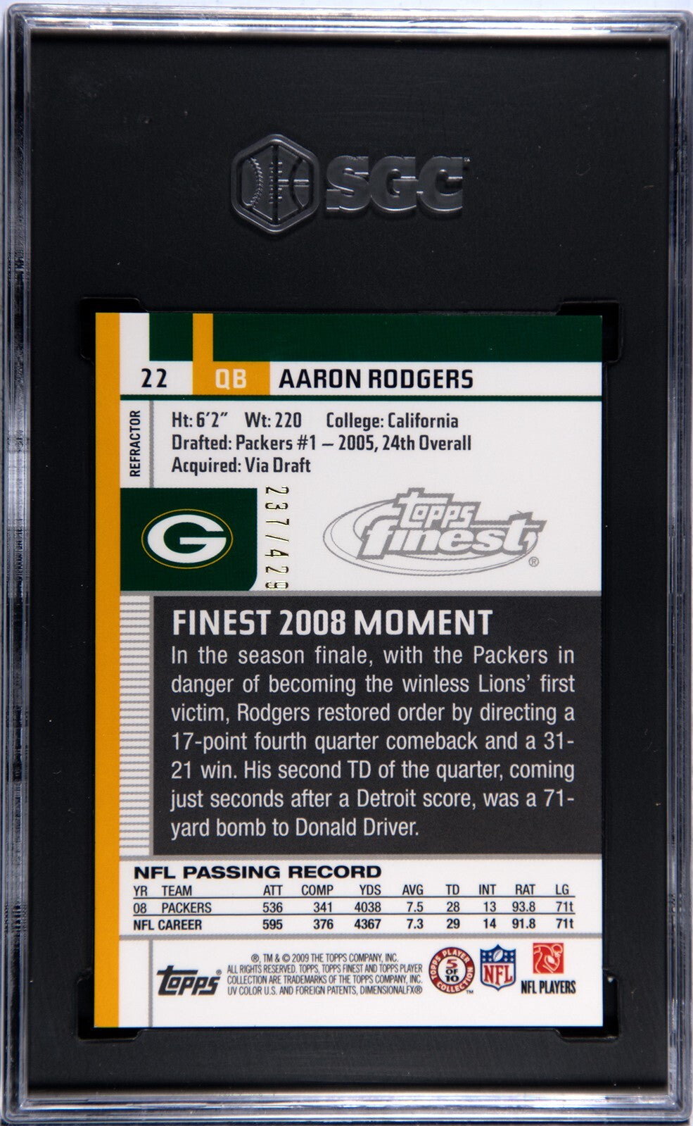 Aaron Rodgers 2009 Topps Finest Blue Refractor Card #22- /429- SGC Graded 9 Mint