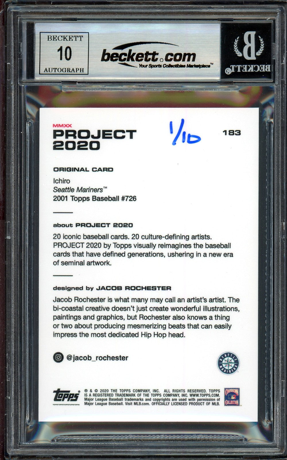 Ichiro Suzuki Signed Topps Project 2020 Jacob Rochester Card 183 Sig 10 1/10 BAS