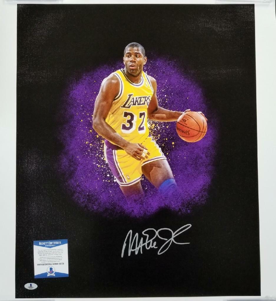Magic Johnson signed 18x24 Canvas Photo LAKERS HOFer Auto ~ Beckett BAS COA
