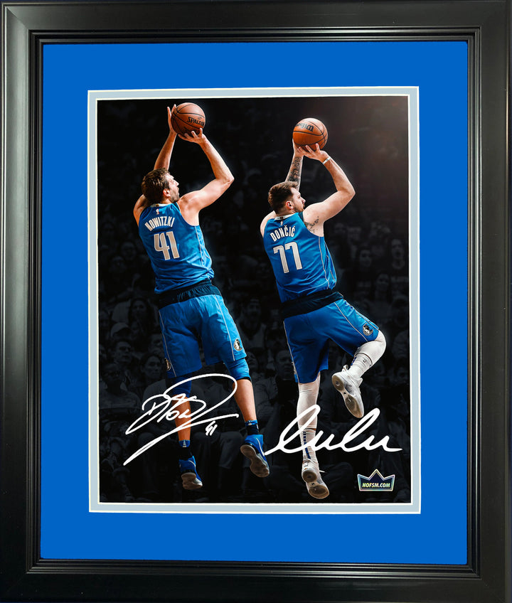 Framed Luka Doncic Dirk Nowitzki Facsimile Engraved Auto 12"x15" Photo Holo