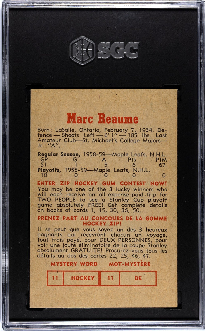 Marc Rheaume 1959-60 Parkhurst NHL Card #11- SGC Graded 6 EX-NM (Maple Leafs)
