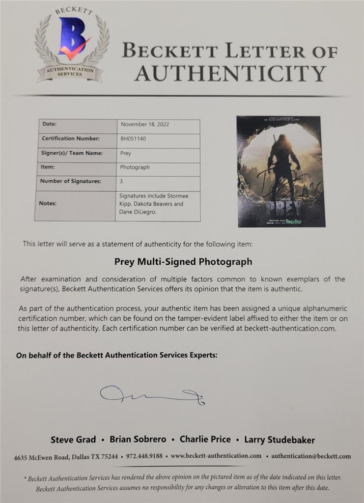 Prey Cast (3) signed 11x14 Photo Kipp Beavers DiLiegro ~ Beckett BAS COA LOA
