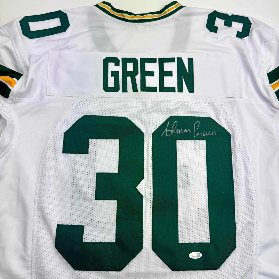 Autographed/Signed Ahman Green Green Bay White Football Jersey JSA COA