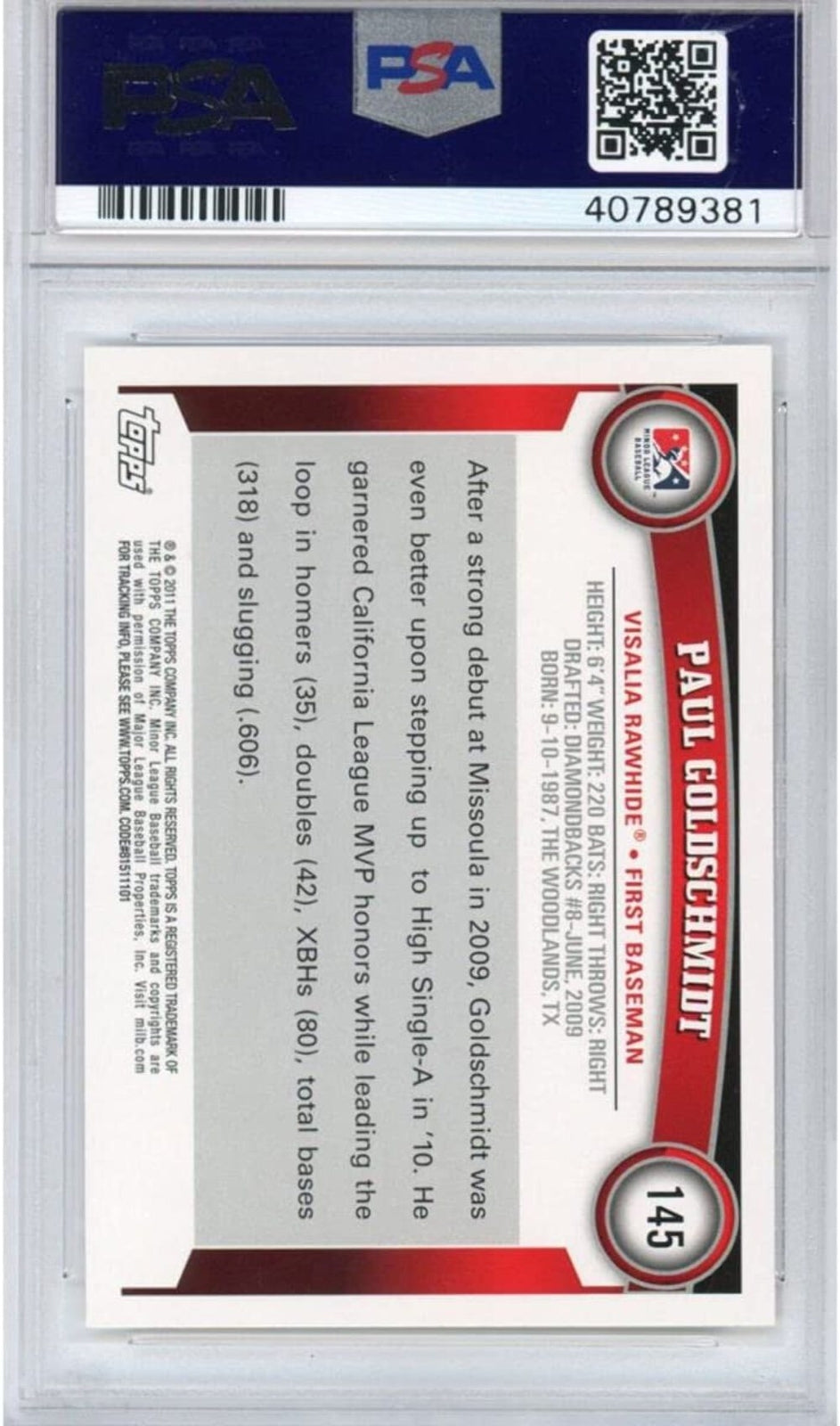 Graded 2011 Topps Pro Debut Paul Goldschmidt #145 Rookie RC Baseball Card PSA 10