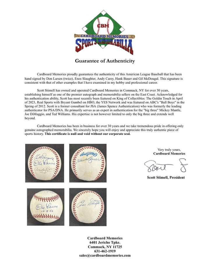 NY Yankees Multi Signed AL Baseball Don Larsen WS PG 6 Auto Enos Slaughter COA