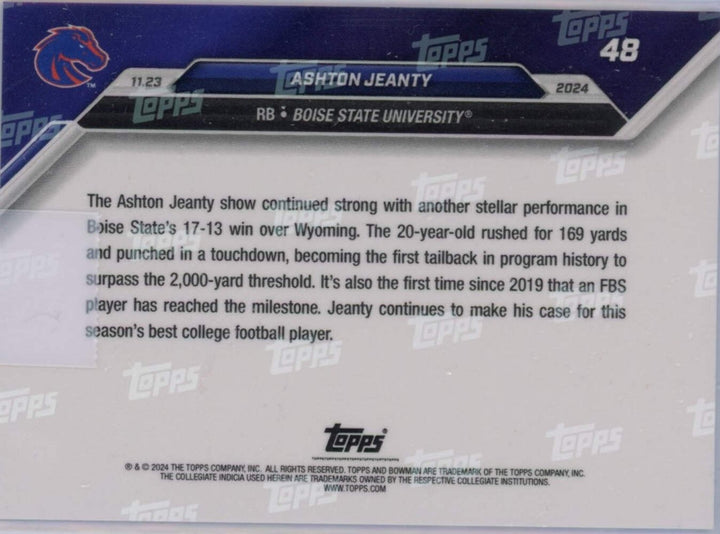 2024 Bowman U Now Ashton Jeanty #48 Purple /25 Boise State Broncos Football Card