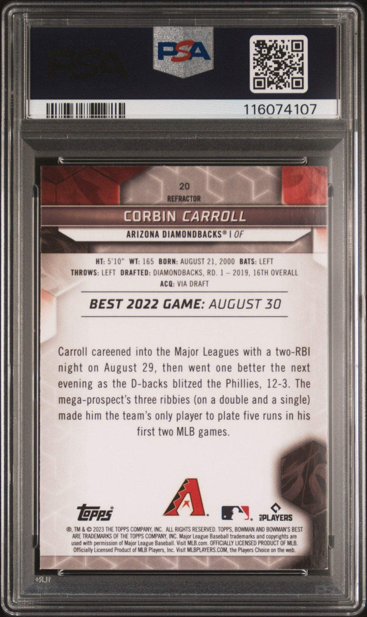 Graded 2023 Bowmans Best Corbin Carroll #20 Refractor RC Baseball Card PSA 10
