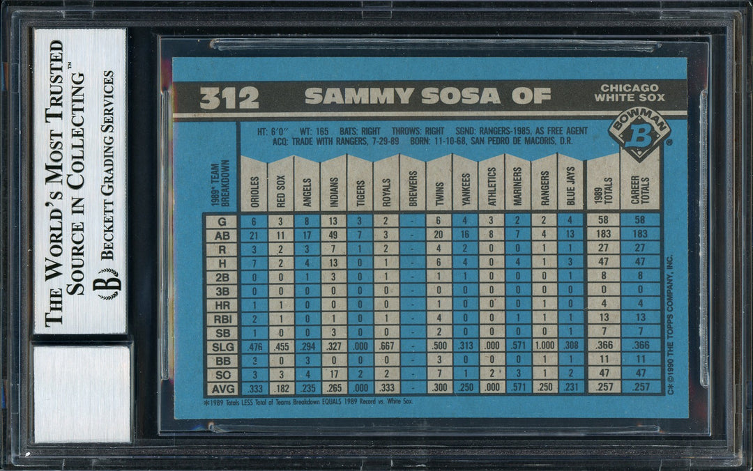 Sammy Sosa Signed 1990 Bowman RC #312 Chicago White Sox Auto Grade 10 Beckett