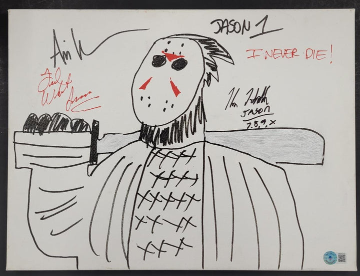 Kane Hodder ~ Ted White ~ Ari Lehman signed F13 Jason 12x16 Canvas Sketch BAS