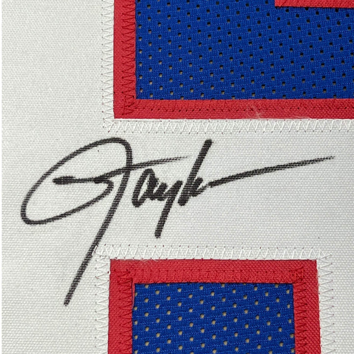 FRAMED Autographed/Signed LAWRENCE TAYLOR 33x42 New York Blue Jersey JSA COA