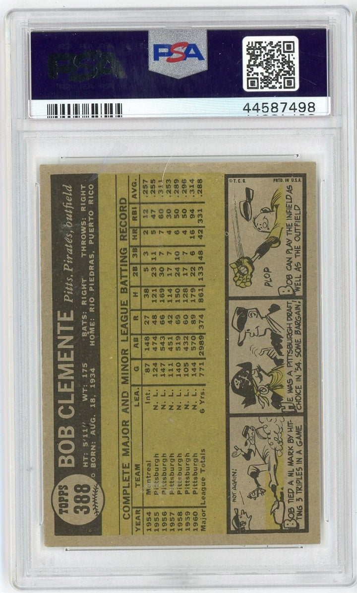 Graded 1961 Topps Bob Roberto Clemente #388 Baseball Card PSA 6 EX-MT