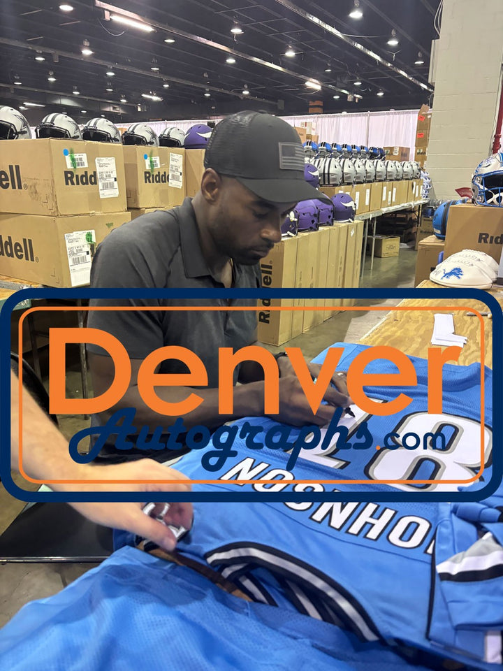 Calvin Johnson Autographed/Signed Pro Style Blue XL Jersey Beckett Witness 51782
