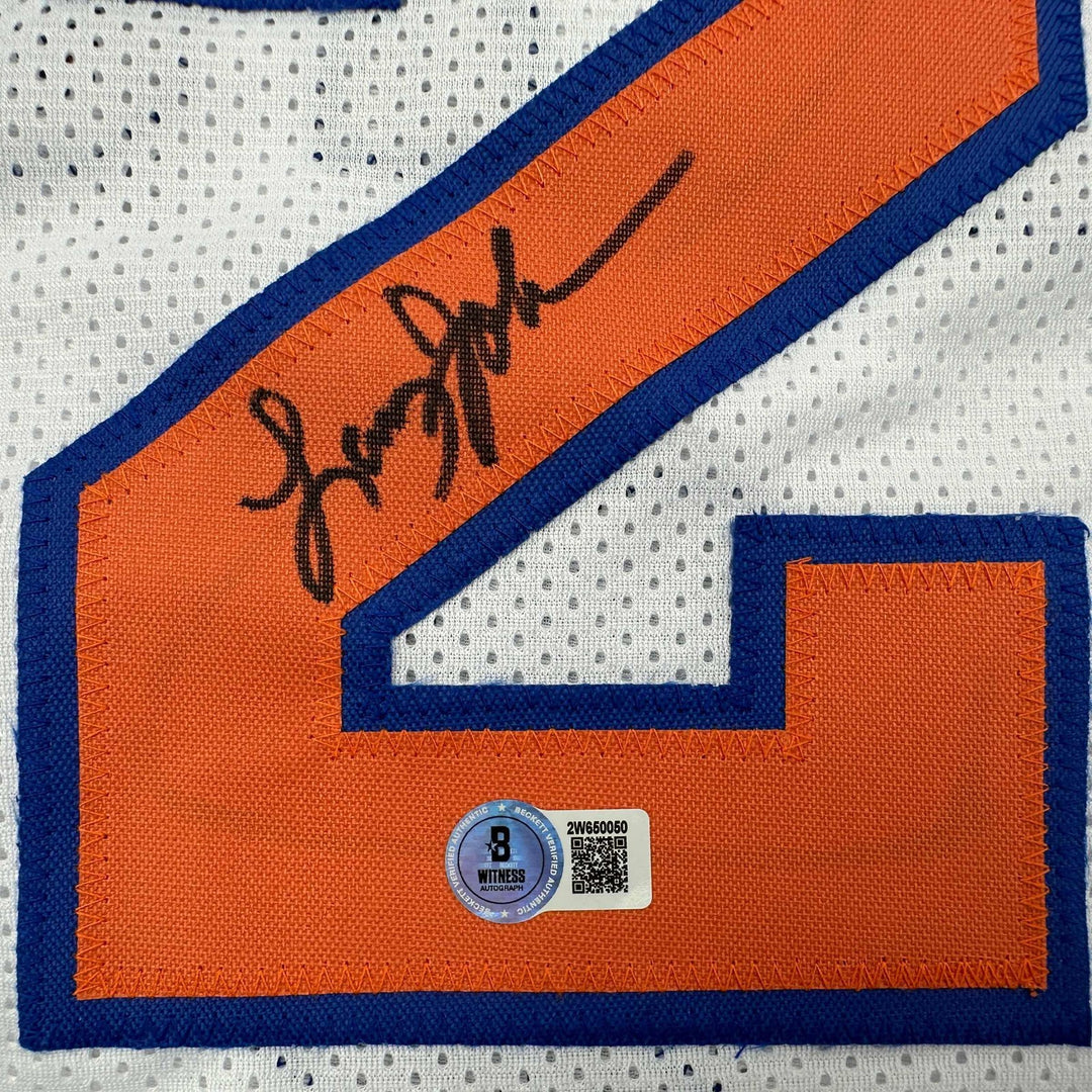 Autographed/Signed Larry Johnson New York White Basketball Jersey JSA COA Auto
