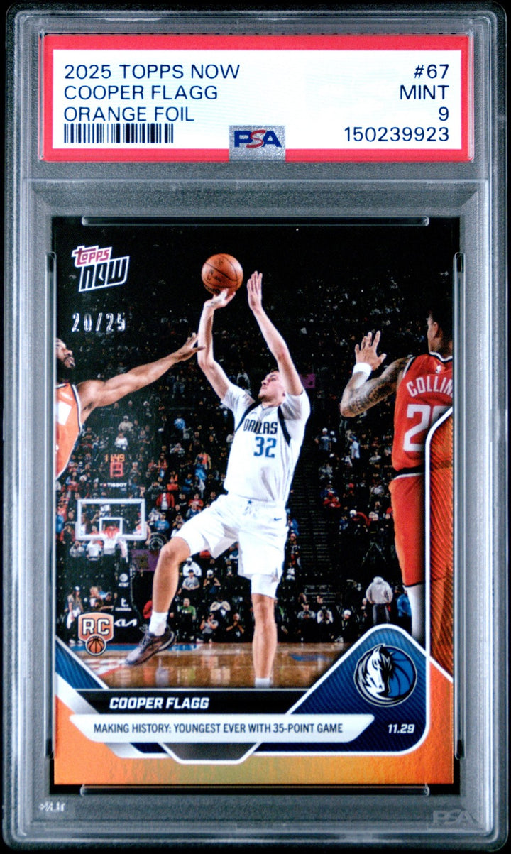 Graded 2025 Topps Now Cooper Flagg #67 Orange Foil /25 Rookie RC Card PSA 9 Mint