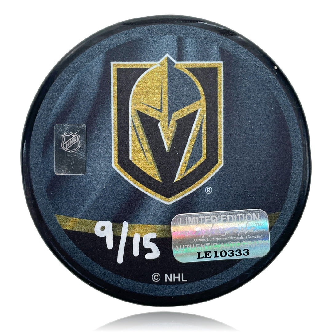 Logan Thompson Signed Vegas Golden Knights Retro Puck Inscribed 1st Save COA IGM