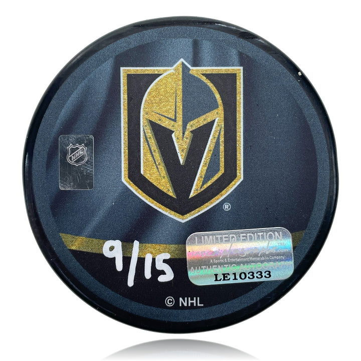 Logan Thompson Signed Vegas Golden Knights Retro Puck Inscribed 1st Save COA IGM