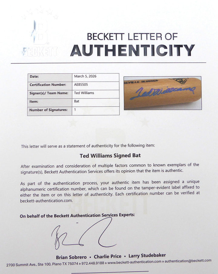 Ted Williams Signed L Slugger Game Model Bat Red Sox #/521 Beckett #AE85505