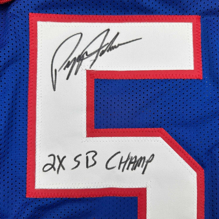 Framed Autographed/Signed Pepper Johnson 35x39 New York Blue Jersey Beckett COA