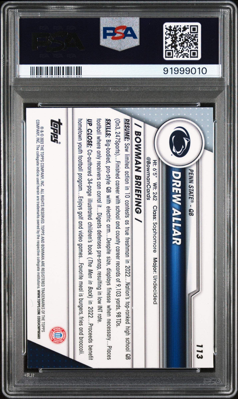 Graded 2023 Topps Bowman U Chrome Drew Allar #113 Rookie RC Football Card PSA 10