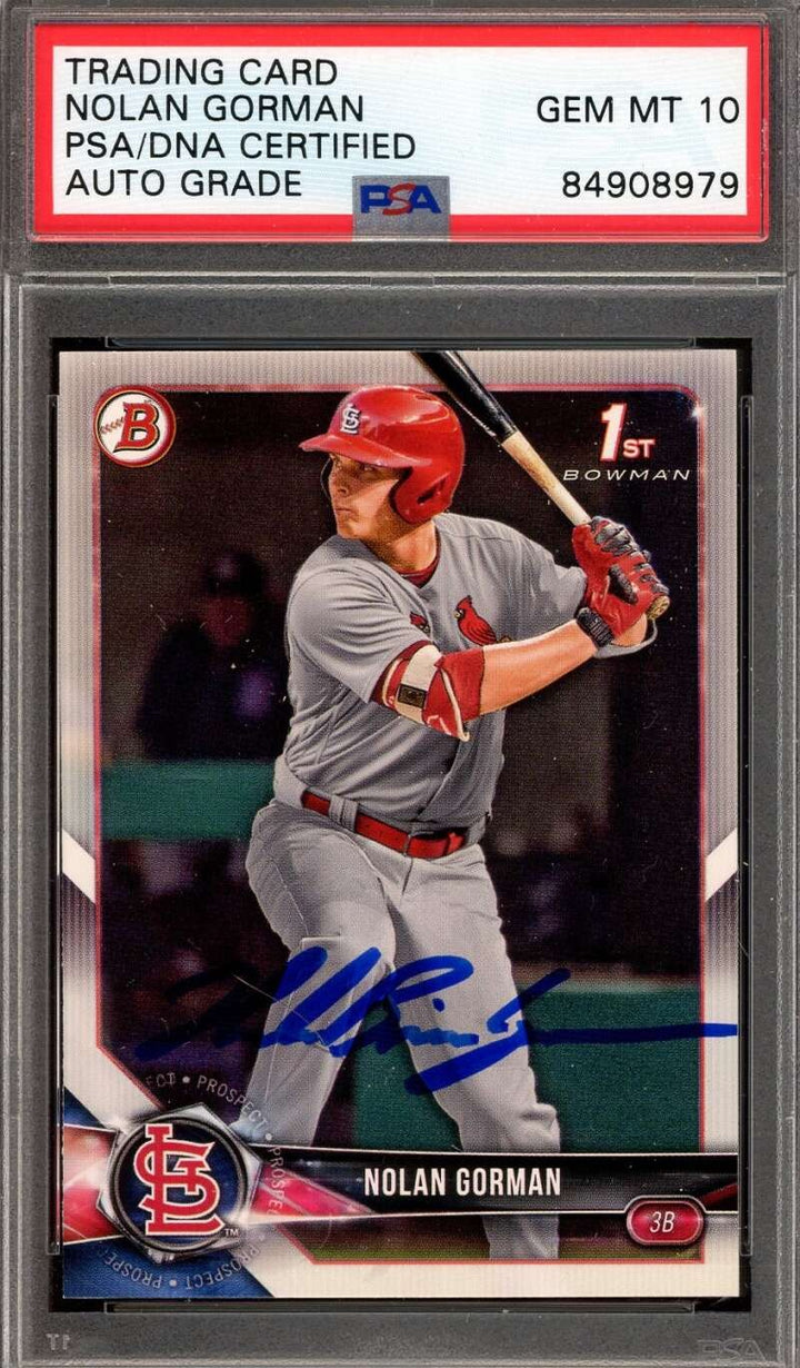 Nolan Gorman Gem Mint 10 PSA DNA Signed 2018 1st Bowman Autographed Rookie