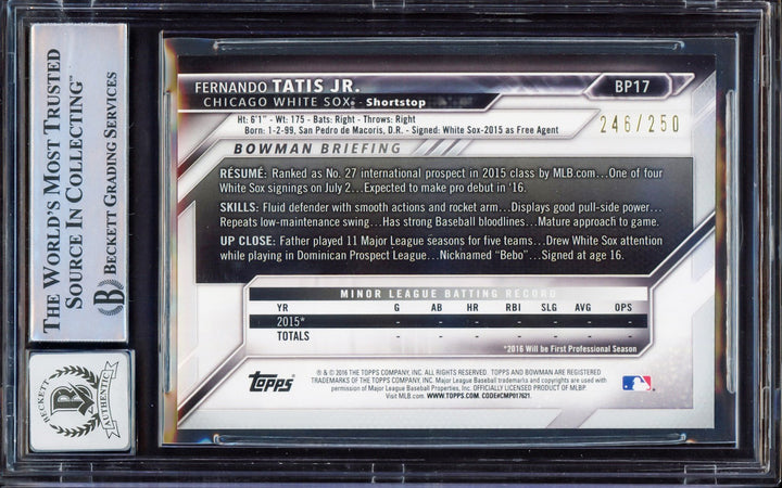 Fernando Tatis Jr Signed 2016 Bowman Prospect Purple RC BP17 BGS 8 Sig 10 #/250