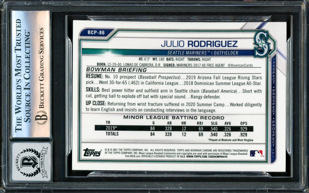 Julio Rodriguez Signed 2021 Bowman Chrome Prospects RC #BCP86 Mariners Auto 10