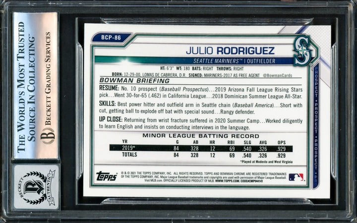 Julio Rodriguez Signed 2021 Bowman Chrome Prospects RC #BCP86 Mariners Auto 10
