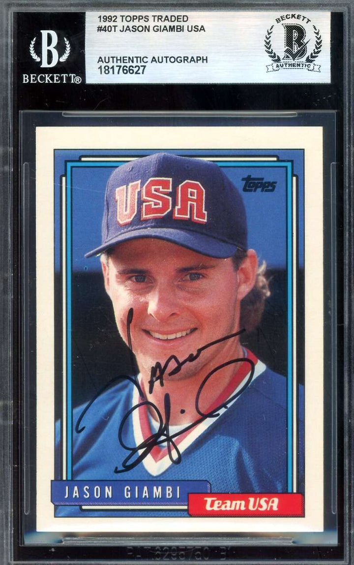 Jason Giambi Beckett BAS Signed 1992 Topps Traded Team USA Rookie Autograph