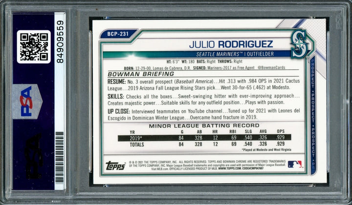 Julio Rodriguez Signed 2021 Bowman Chrome Card BCP-231 Seattle Mariners PSA/DNA