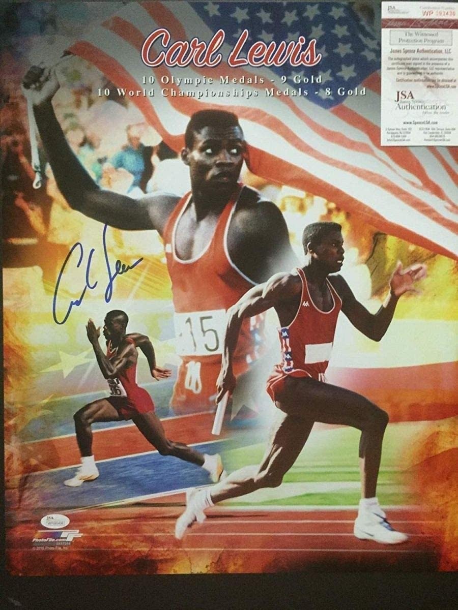 Autographed/Signed CARL LEWIS USA Track 9x Gold 16x20 Photo JSA COA