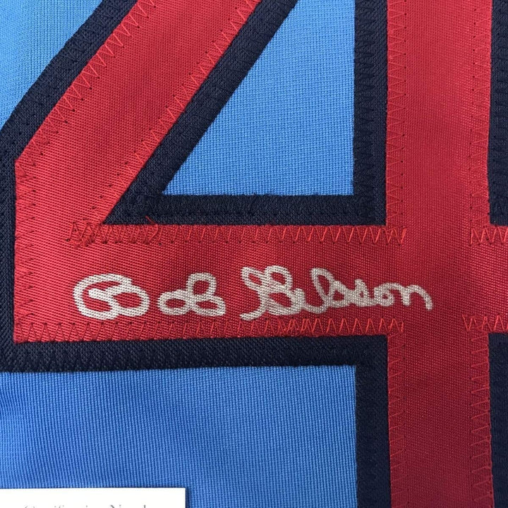 Framed Signed Bob Gibson 35x39 St. Louis Blue Jersey JSA COA Auto