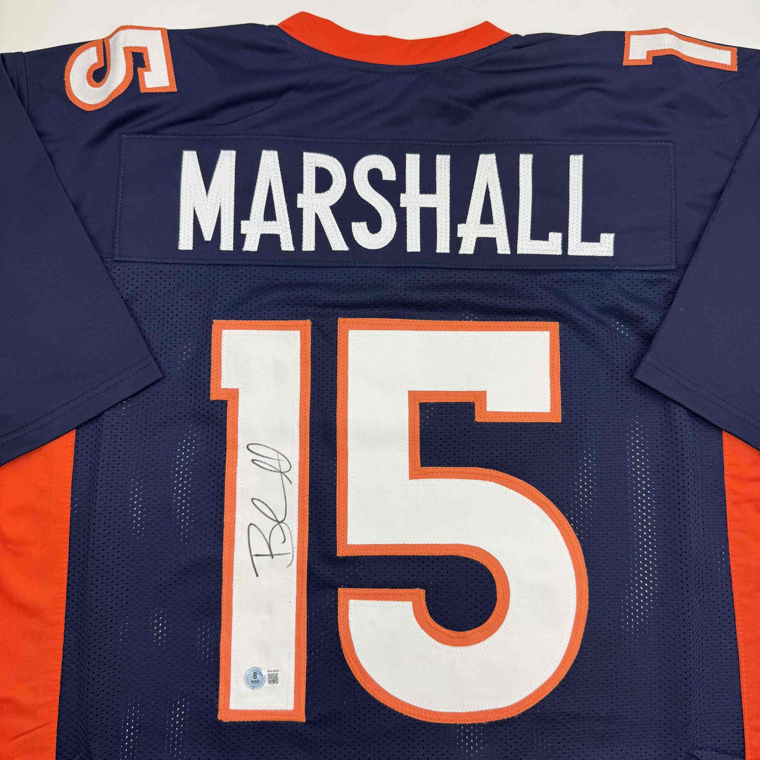 Autographed/Signed Brandon Marshall Denver Blue Football Jersey Beckett BAS COA