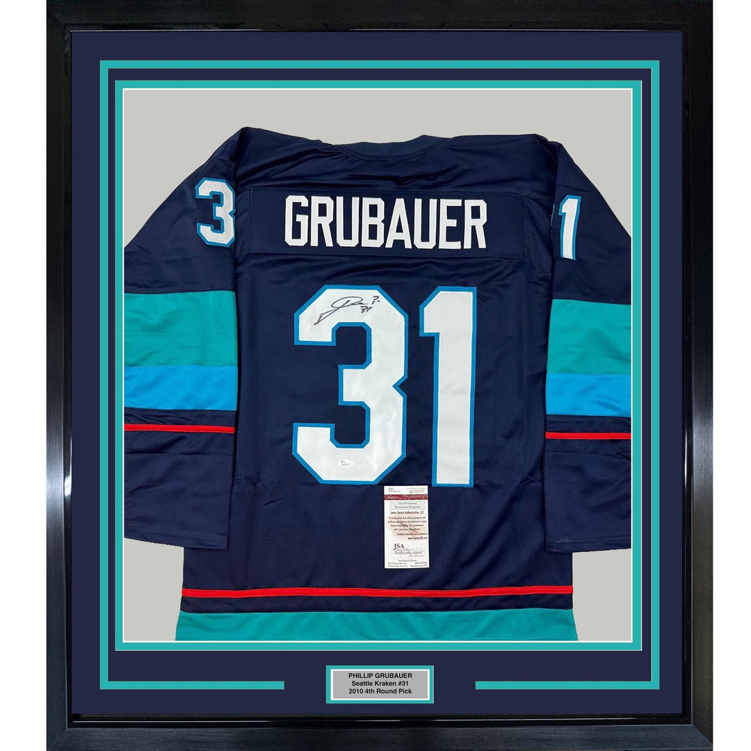 Framed Signed Philipp Grubauer 35x39 Seattle Blue Jersey JSA COA