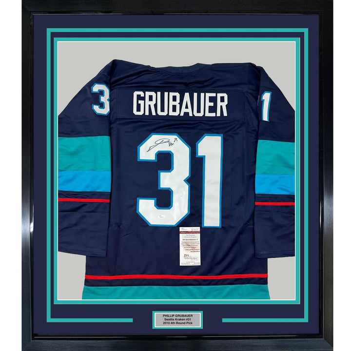 Framed Signed Philipp Grubauer 35x39 Seattle Blue Jersey JSA COA