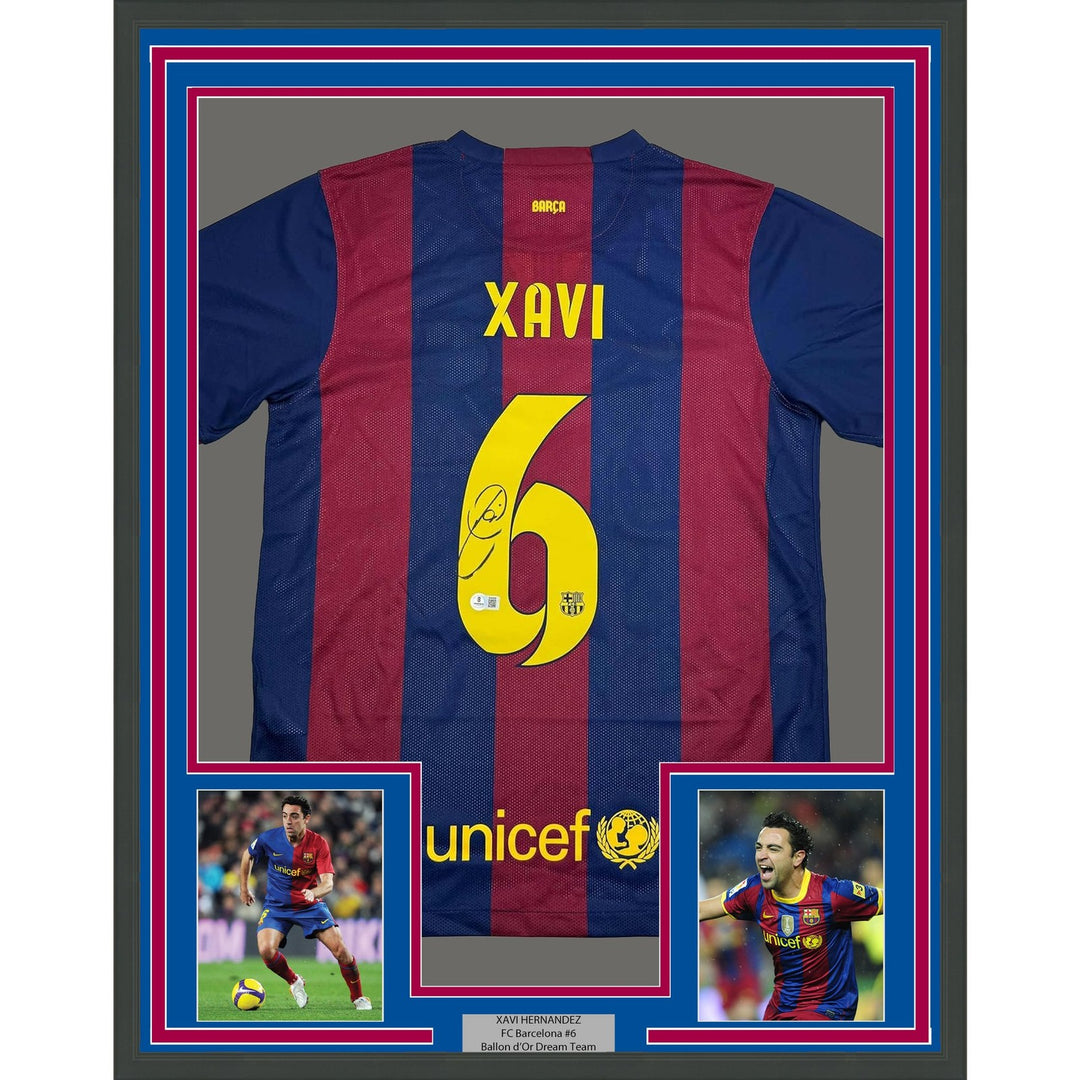Framed Autographed/Signed Xavi 35x39 FC Barcelona Blue Jersey Beckett COA