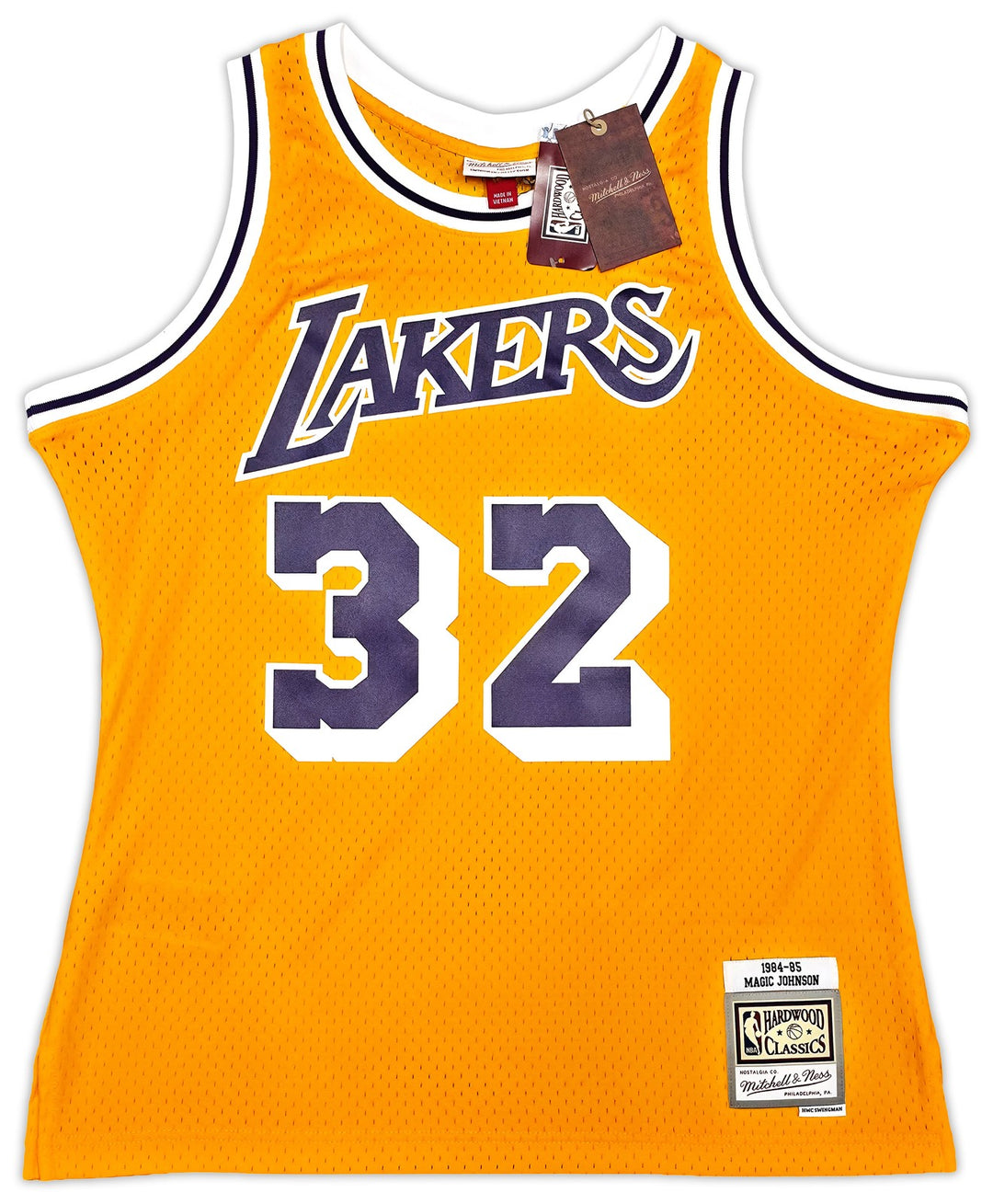 Lakers Magic Johnson Auto Yellow Mitchell & Ness 1984 Swingman Jersey L Beckett