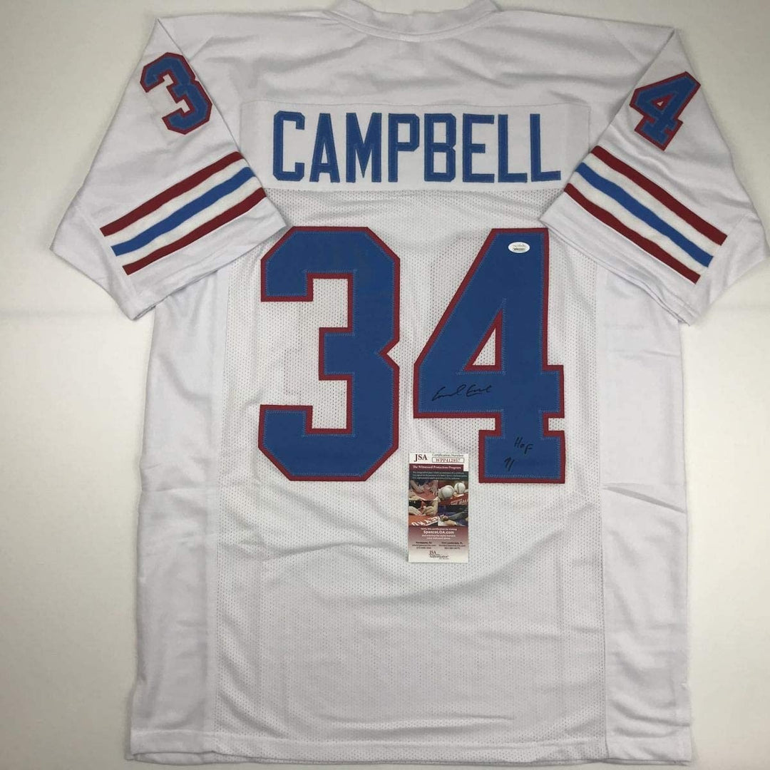 Autographed/Signed Earl Campbell HOF 91 Houston White Jersey JSA COA
