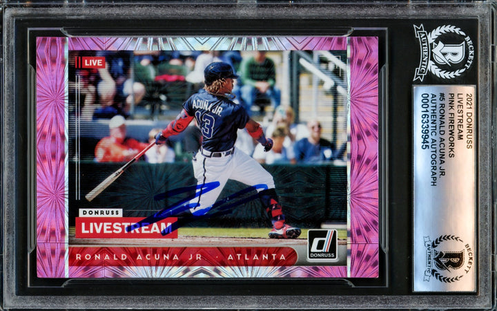 Ronald Acuna Autographed 2021 Donruss Livestream Pink Fireworks Card Beckett