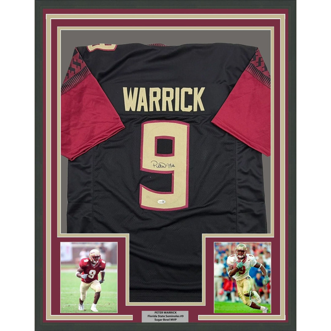 Framed Autographed/Signed Peter Warrick 35x39 FSU Black Jersey JSA COA