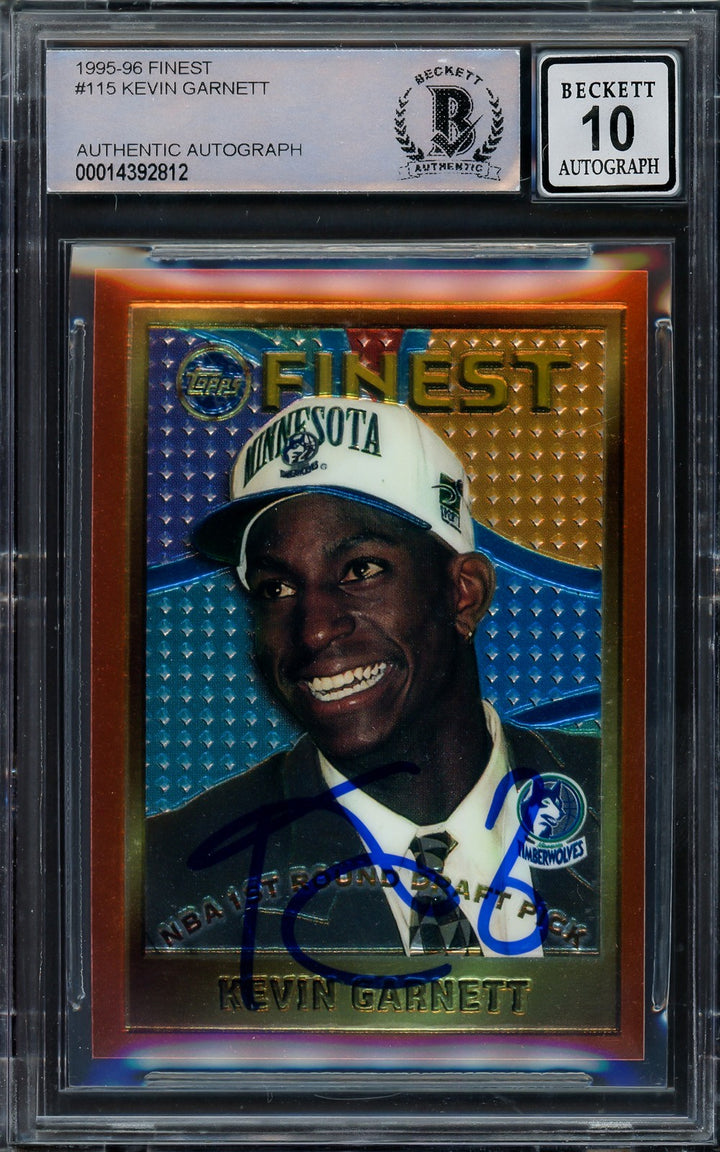 Kevin Garnett Signed 1995-96 Topps Finest RC 115 Timberwolves Auto 10 Beckett