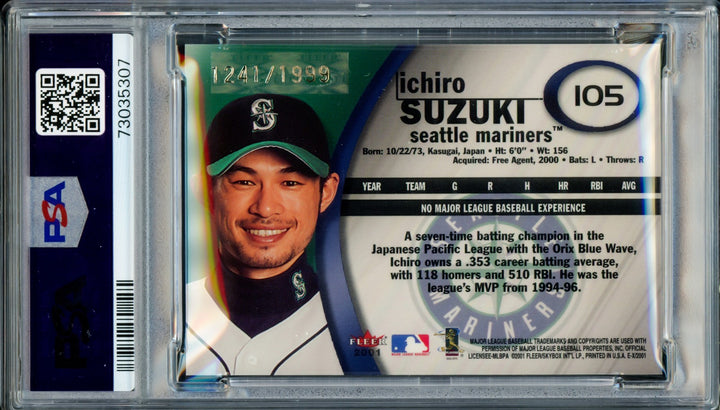 Ichiro Suzuki Signed 2001 Fleer E-X RC #105 Mariners PSA8 Auto 10 #1241/1999