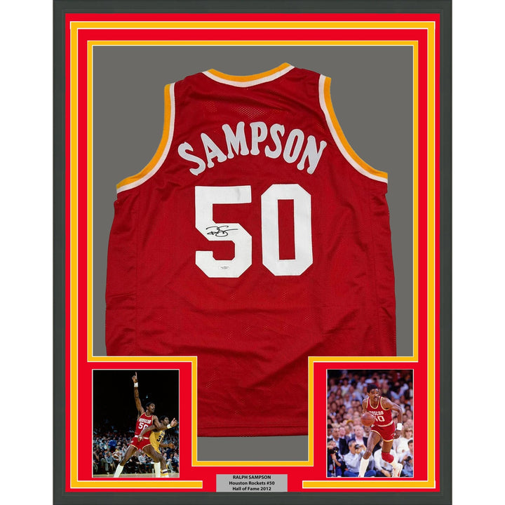 Framed Autographed/Signed Ralph Sampson 35x39 Houston Red Jersey JSA COA