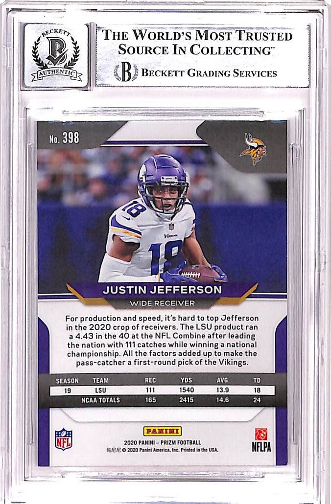 Justin Jefferson Signed 2020 Prizm #398 Trading Card Grade 10 Auto BAS 42596