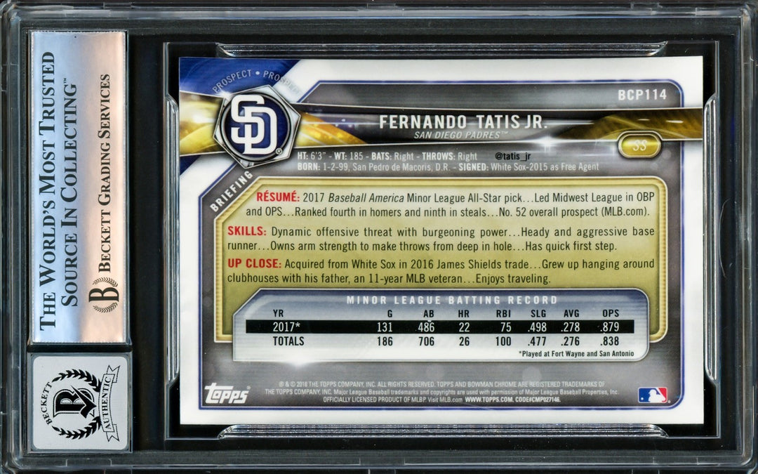 Fernando Tatis Jr Auto 2018 Bowman Chrome Prospects Card BCP114 Sig 10 BAS