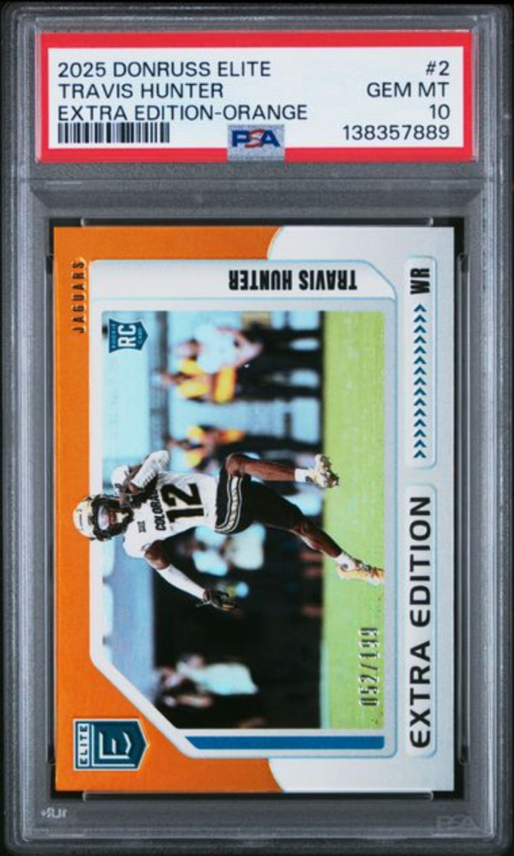Graded 2025 Donruss Elite Travis Hunter #2 Orange /199 RC Football Card PSA 10