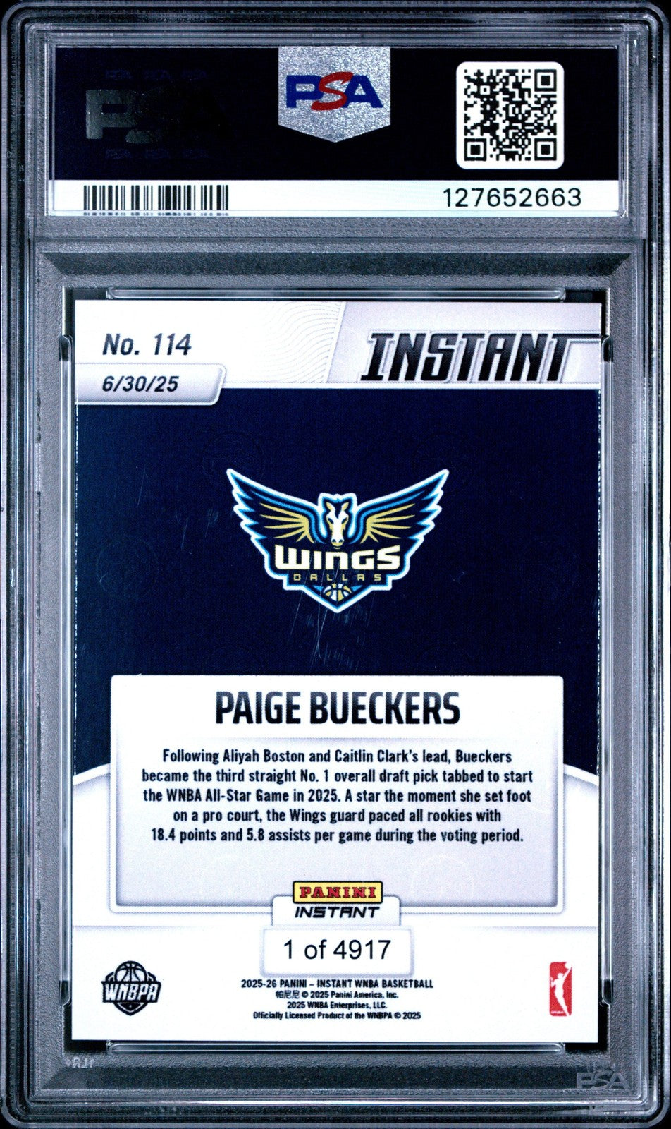 Graded 2025 Panini Instant WNBA Paige Bueckers #114 Rookie Card PSA 10 Mint