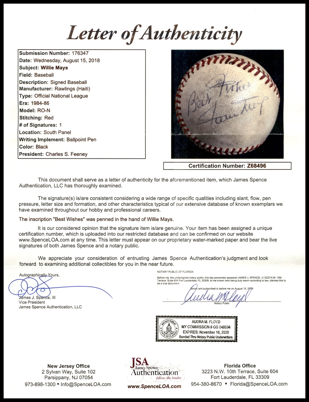 Willie Mays Autographed Signed NL Baseball Giants "Best Wishes" JSA #Z68496