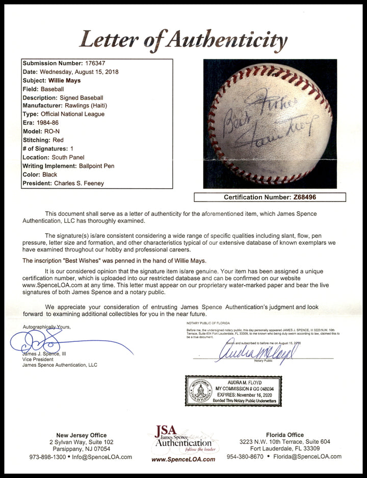 Willie Mays Autographed Signed NL Baseball Giants "Best Wishes" JSA #Z68496