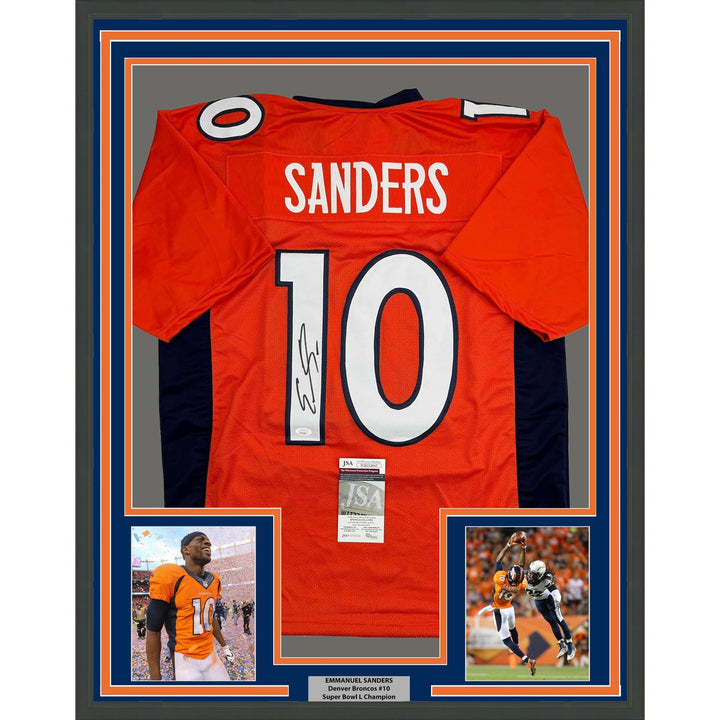 Framed Signed Emmanuel Sanders 35x39 Denver Orange Jersey JSA COA