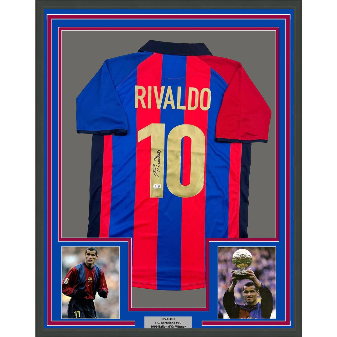 Framed Signed Rivaldo Ferreira 35x39 FC Barcelona Jersey Beckett COA
